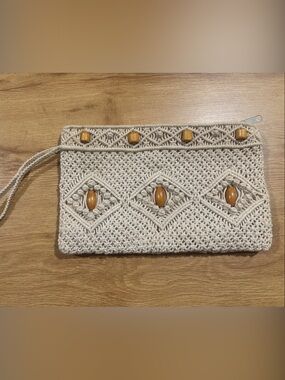 Handcrafted Cream Macramé Wristlet Clutch with Amber Bead Accents